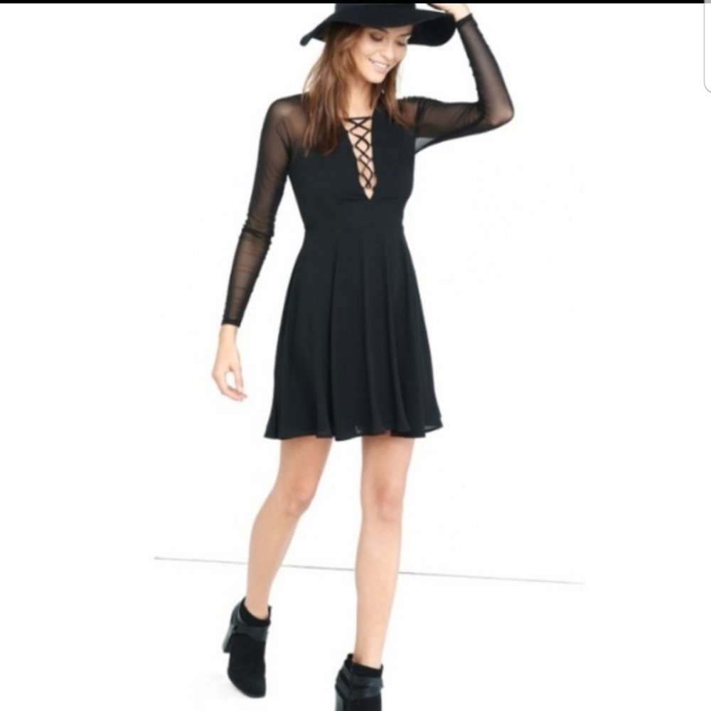 NWT Black mesh sleeve lace up fit & flare dress